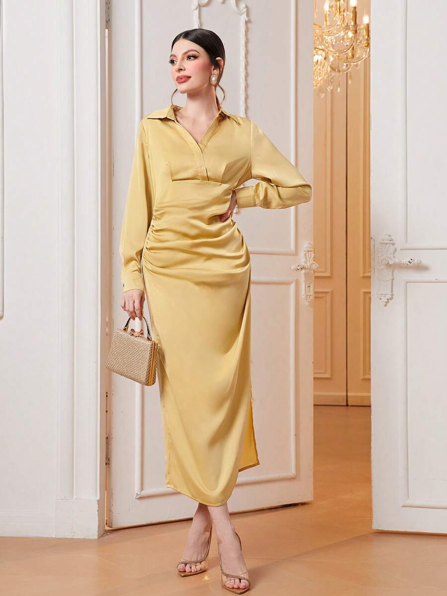 Modelyn Solid Ruched Split Thigh Satin Dress - Yellow - View 1