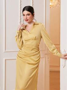 Modelyn Solid Ruched Split Thigh Satin Dress - Yellow - View 4