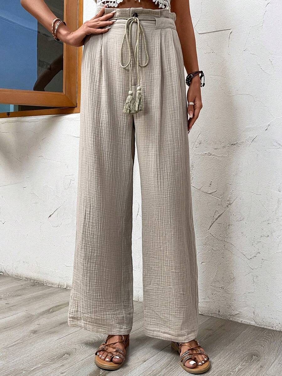 SHEIN LUNE Solid Paperbag Waist Belted Wide Leg Trousers - Beige - View 1