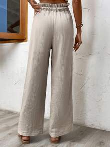SHEIN LUNE Solid Paperbag Waist Belted Wide Leg Trousers - Beige - View 2