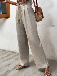 SHEIN LUNE Solid Paperbag Waist Belted Wide Leg Trousers - Beige - View 3