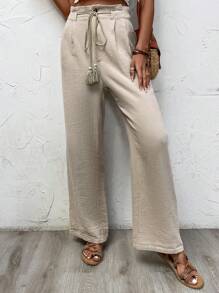 SHEIN LUNE Solid Paperbag Waist Belted Wide Leg Trousers - Beige - View 5