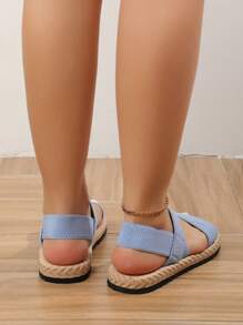 Dép quai đôi màu đen co giãn mùa hè cho nữ, đế dây thừng giả vải lanh thời trang ngoài trời Dép xỏ ngón La Mã - Màu xanh nhạt - Xem 3