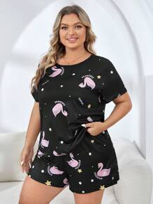 Conjunto de pijama shorts con camiseta con estampado de dibujos animados - Negro - Ver 3