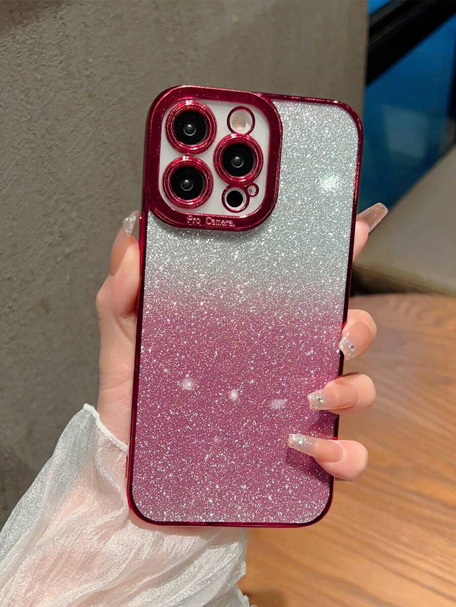 Clear Electroplated Phone Case With Glitter Paper - Red - View 1