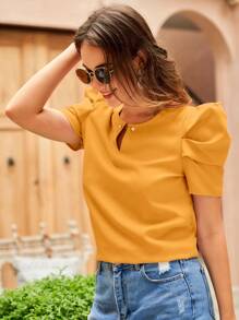 SHEIN Clasi 鎖眼領口泡泡袖襯衫 - 黃色 - 查看 5