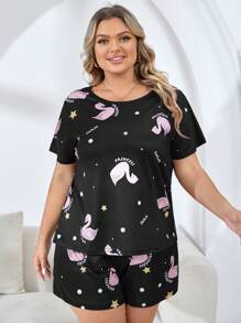 Conjunto de pijama shorts con camiseta con estampado de dibujos animados - Negro - Ver 5