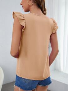 SHEIN Clasi 缺口領荷葉邊四分之一無紐扣開襟襯衫 - 駝色 - 查看 3