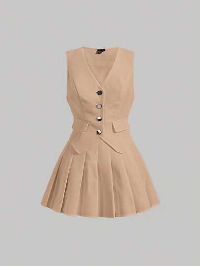 SHEIN MOD Solid Button Front Vest Blazer & Pleated Skirt In Fall/Winter