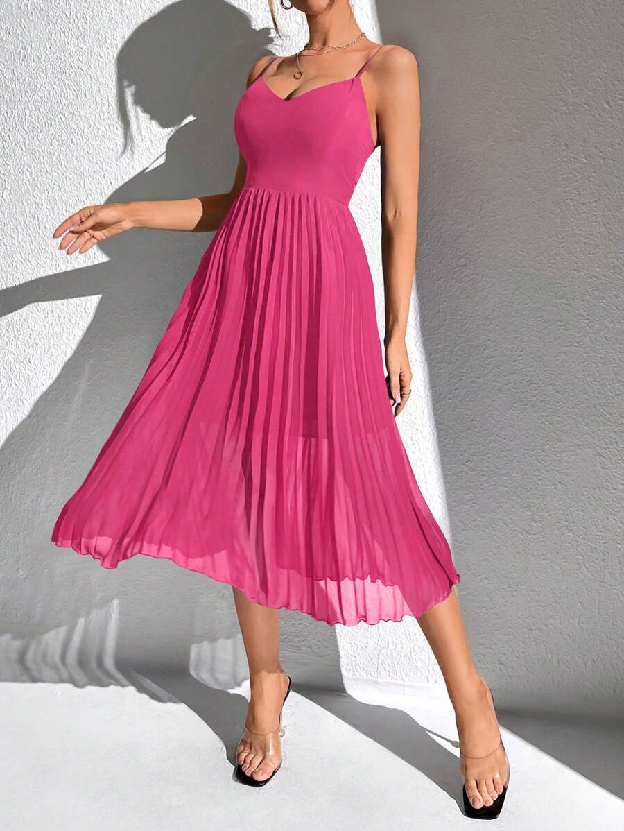 SHEIN Tall Solid Pleated Hem Cami Dress - Hot Pink - View 1