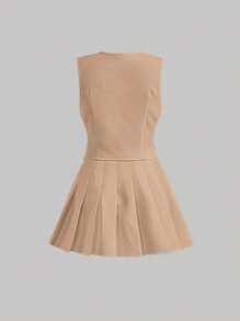 SHEIN MOD Solid Button Front Vest Blazer & Pleated Skirt In Fall/Winter - Apricot - View 2