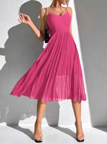 SHEIN Tall Solid Pleated Hem Cami Dress - Hot Pink - View 4