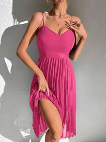 SHEIN Tall Solid Pleated Hem Cami Dress - Hot Pink - View 6