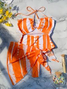 SHEIN Swim 圖形印花露背連體泳衣套裝附披肩裙，夏季沙灘泳裝 - 橘色 - 查看 4