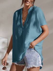 SHEIN Essnce 缺口領蝙蝠袖襯衫 - 霧霾藍 - 查看 5