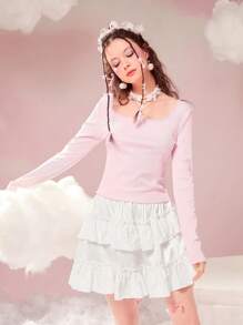 ROMWE Áo thun ren tương phản, trường học - Hồng - Xem 7