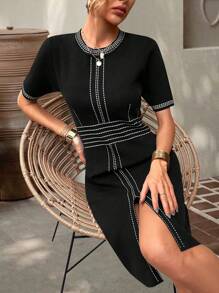 Knit Mix Vestido casual de manga corta y ajustado a rayas (patrón de rayas aleatorio) - Negro - Ver 1