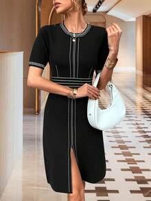 Knit Mix Vestido casual de manga corta y ajustado a rayas (patrón de rayas aleatorio) - Negro - Ver 3