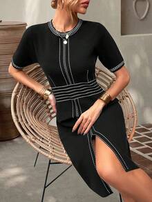 Knit Mix Vestido casual de manga corta y ajustado a rayas (patrón de rayas aleatorio) - Negro - Ver 5