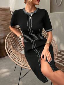 Knit Mix Vestido casual de manga corta y ajustado a rayas (patrón de rayas aleatorio) - Negro - Ver 7