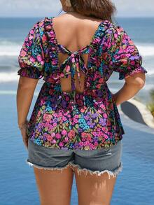SHEIN LUNE Plus Floral Print Puff Sleeve Peplum Blouse - Multicolor - View 2