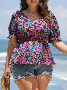 SHEIN LUNE Plus Floral Print Puff Sleeve Peplum Blouse - Multicolor - View 4