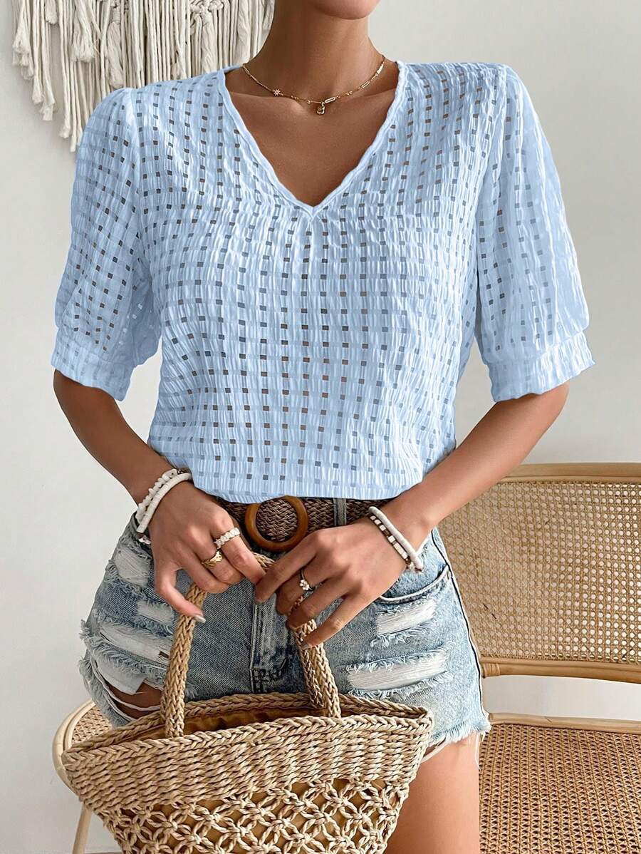 SHEIN VCAY Solid V Neck Puff Sleeve Blouse - Blue - View 1