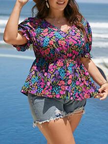 SHEIN LUNE Plus Floral Print Puff Sleeve Peplum Blouse - Multicolor - View 5