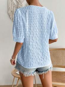 SHEIN VCAY Solid V Neck Puff Sleeve Blouse - Blue - View 2