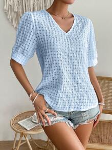 SHEIN VCAY Solid V Neck Puff Sleeve Blouse - Blue - View 4