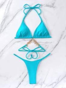 Swim Vcay Summer Beach Chain Linked Halter Triangle Bikini Set