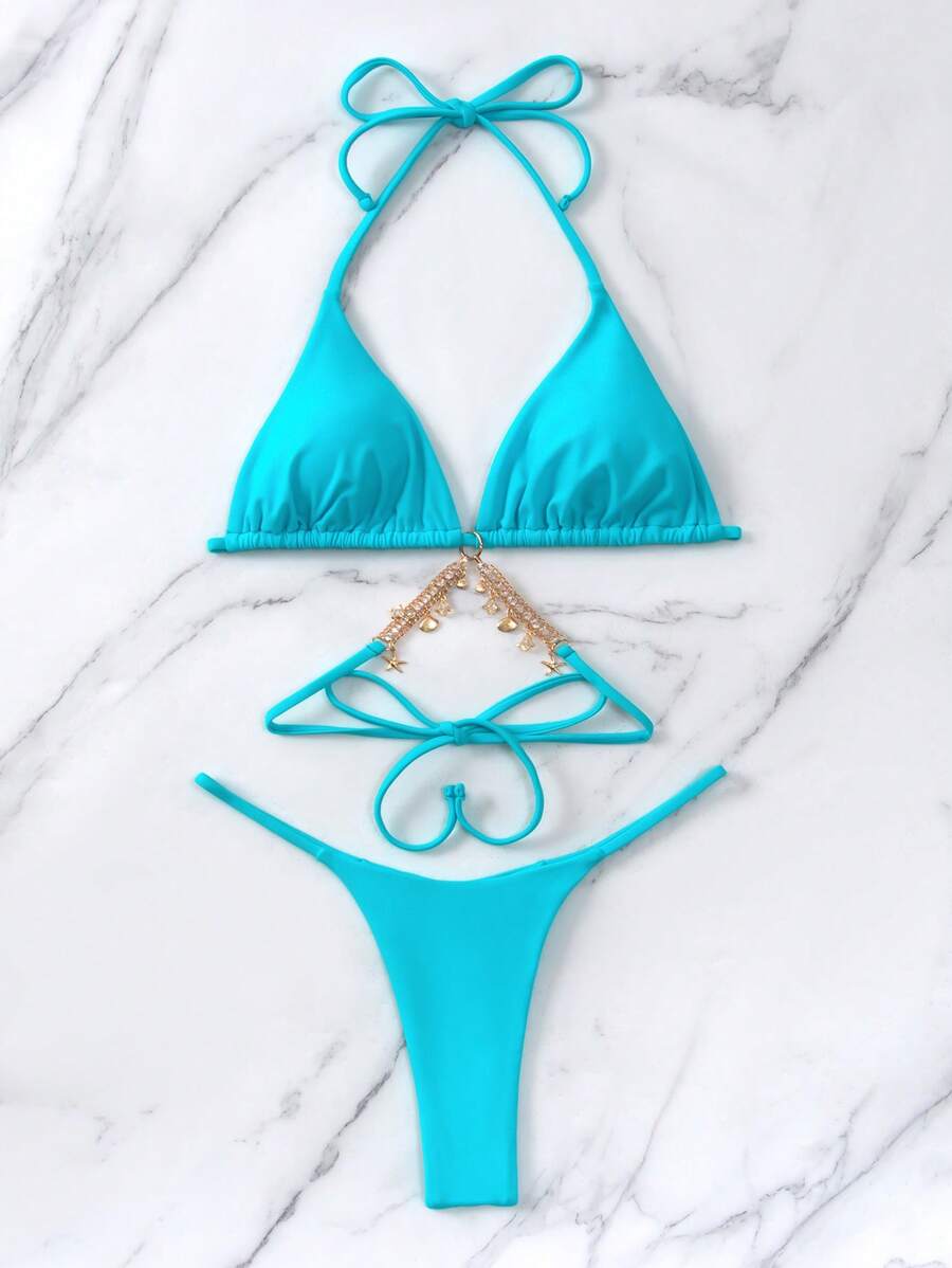 Swim Vcay Summer Beach Chain Linked Halter Triangle Bikini Set