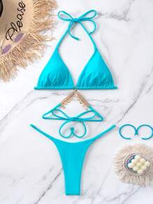 Swim Vcay Summer Beach Chain Linked Halter Triangle Bikini Set
