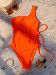 素色單肩連體泳衣