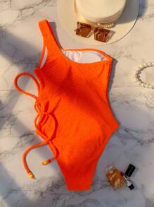 素色單肩連體泳衣