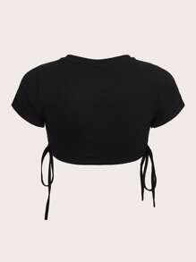 SHEIN ICON 标语图案抽绳侧 Y2k 短款上衣 独自思考 你最大的愿望是什么 - 黑色 - 查看 2