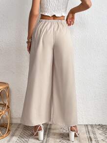 SHEIN VCAY 拼接細節闊腿褲 - 米色 - 查看 2