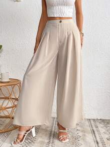 SHEIN VCAY 拼接細節闊腿褲 - 米色 - 查看 3