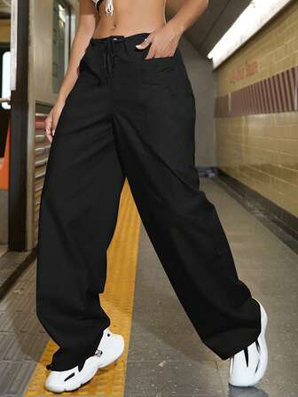Solid Drawstring Waist Slant Pocket Parachute Cargo Trousers