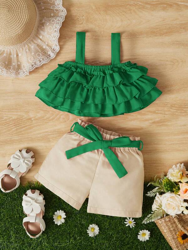 SHEIN Baby Ruffle Trim Cami Top & Belted Shorts SHEIN USA