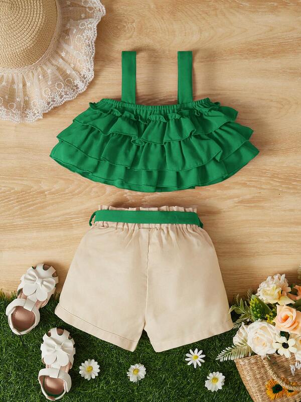 SHEIN Baby Ruffle Trim Cami Top & Belted Shorts SHEIN USA