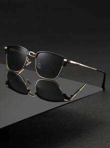 1 件男士时尚方形金属眼镜，适合夏季海滩度假、户外、旅行返校时尚学院风 - 深灰色 - 查看 1