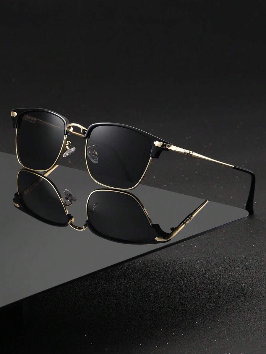 1 件男士时尚方形金属眼镜，适合夏季海滩度假、户外、旅行返校时尚学院风 - 深灰色 - 查看 1