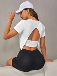 SHEIN Yoga Basic Cut Out Backless Asymmetrical Hem Crop Sports Tee,Women Tennis Outfit - White - View 1