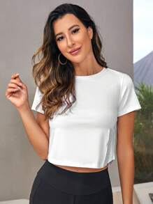 SHEIN Yoga Basic Cut Out Backless Asymmetrical Hem Crop Sports Tee,Women Tennis Outfit - White - View 4