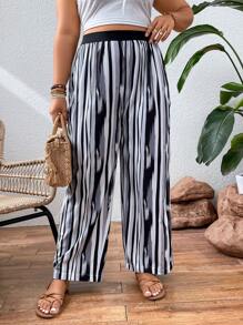 SHEIN Holidaya Plus Striped Print Wide Leg Trousers - Multicolor - View 1