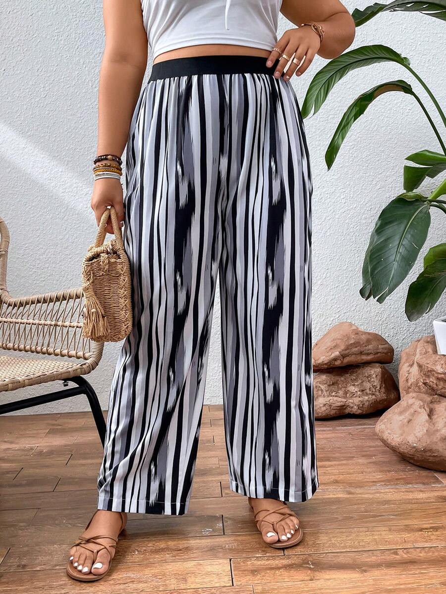 SHEIN Holidaya Plus Striped Print Wide Leg Trousers - Multicolor - View 1