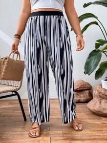 SHEIN Holidaya Plus Striped Print Wide Leg Trousers - Multicolor - View 3