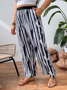 SHEIN Holidaya Plus Striped Print Wide Leg Trousers - Multicolor - View 4