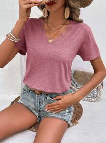 SHEIN Frenchy 蕾絲拼接V領T恤 - 紅木色 - 查看 5